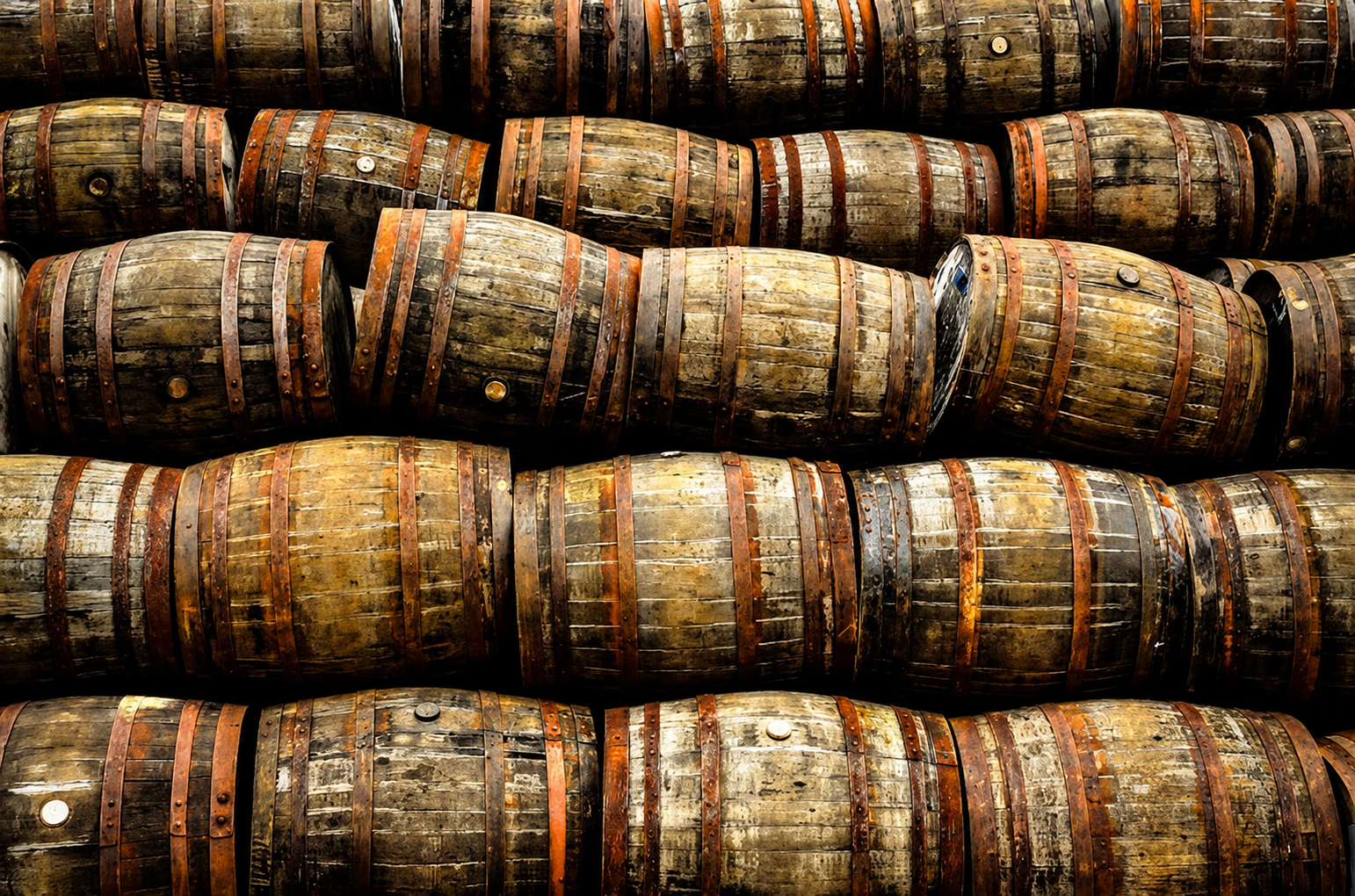 Rows of oak casks stored on metal racks