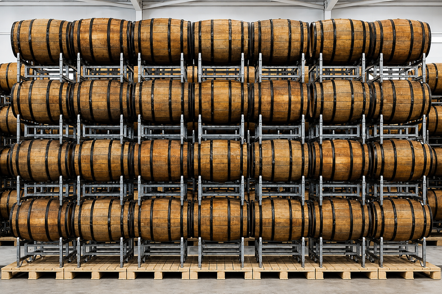 Rows of oak casks stacked in a maturation warehouse
