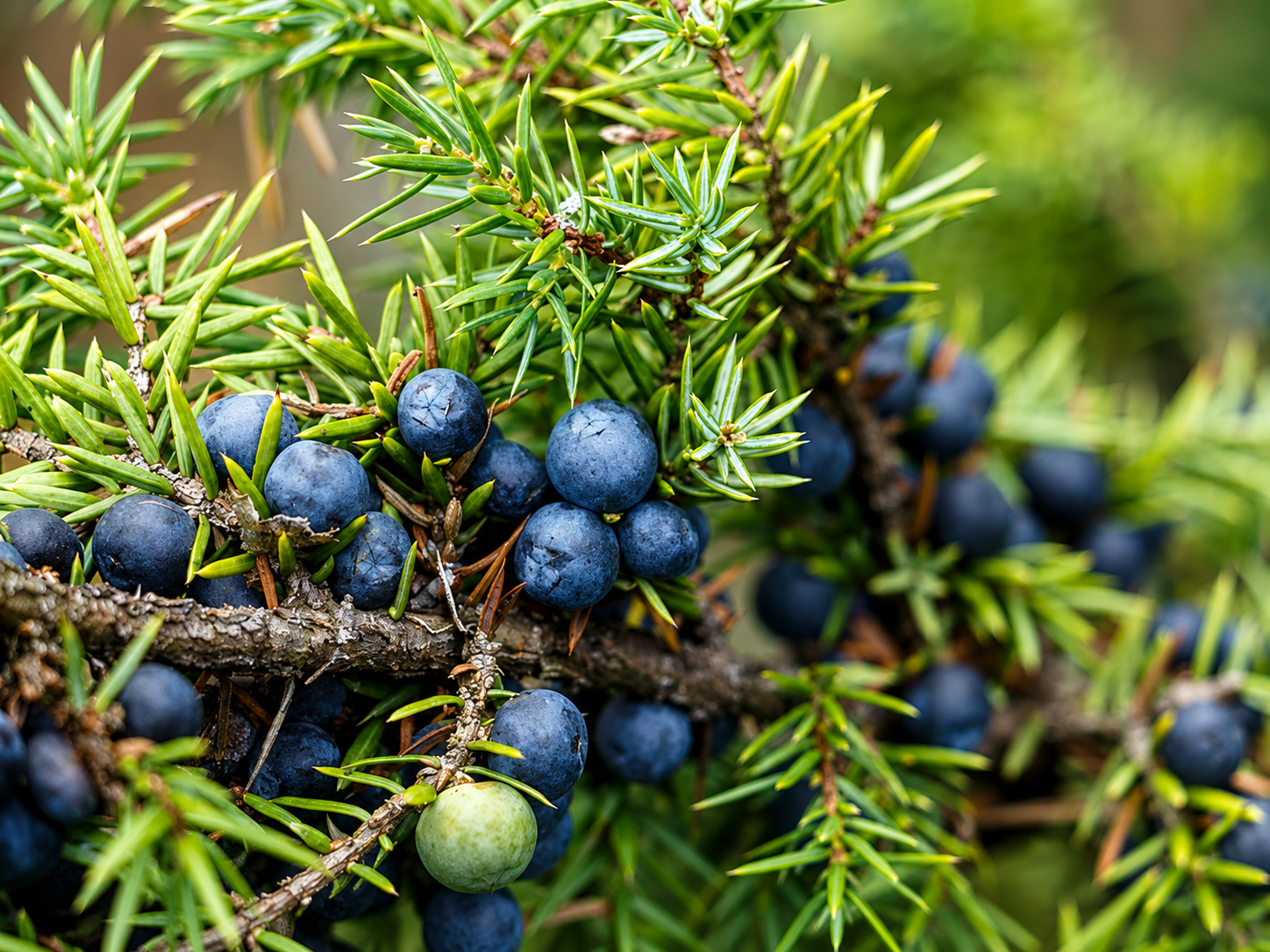 Ripe blue juniper cones growing on a green juniper branch