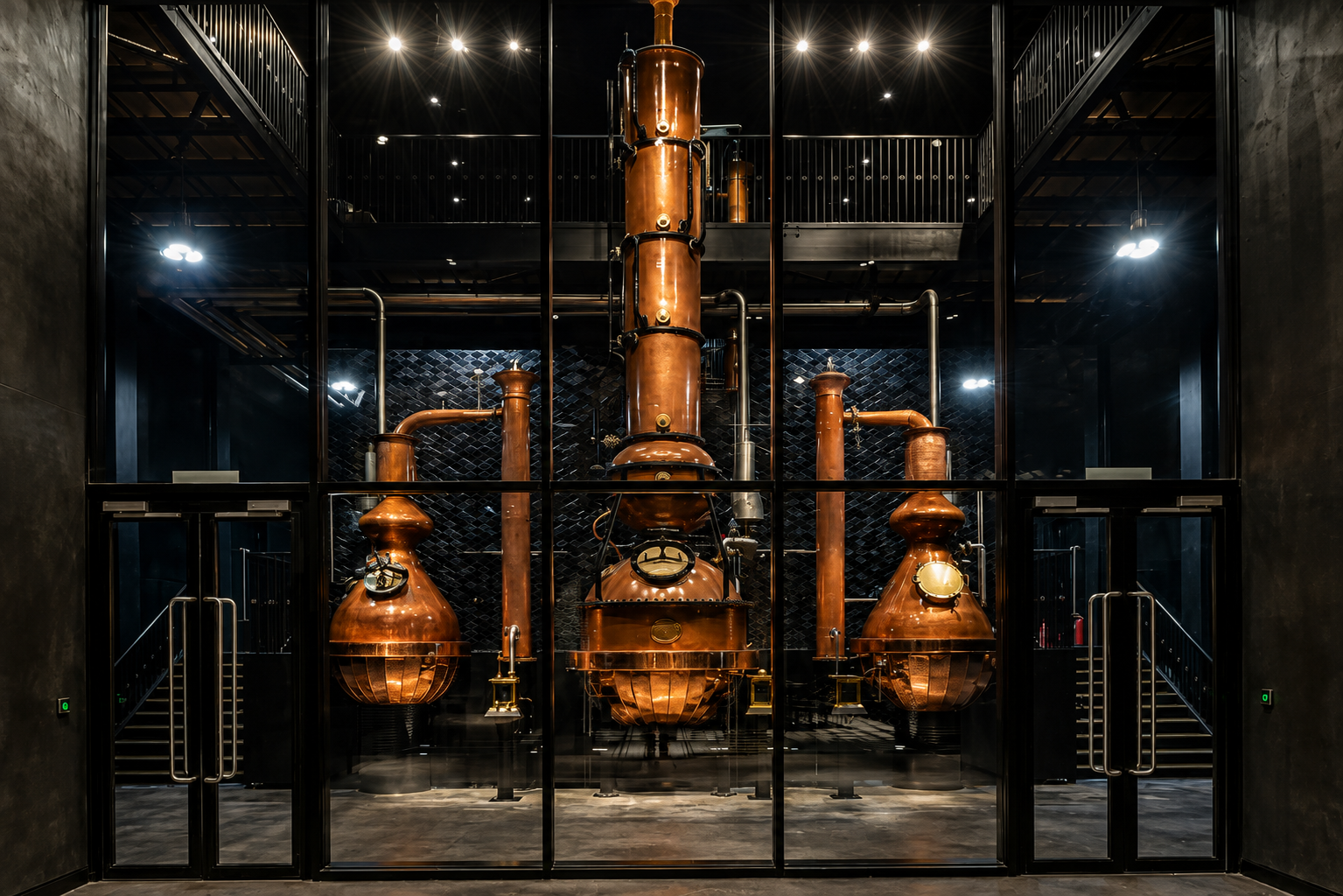 Modern copper distilling installation with multiple pot and column sections