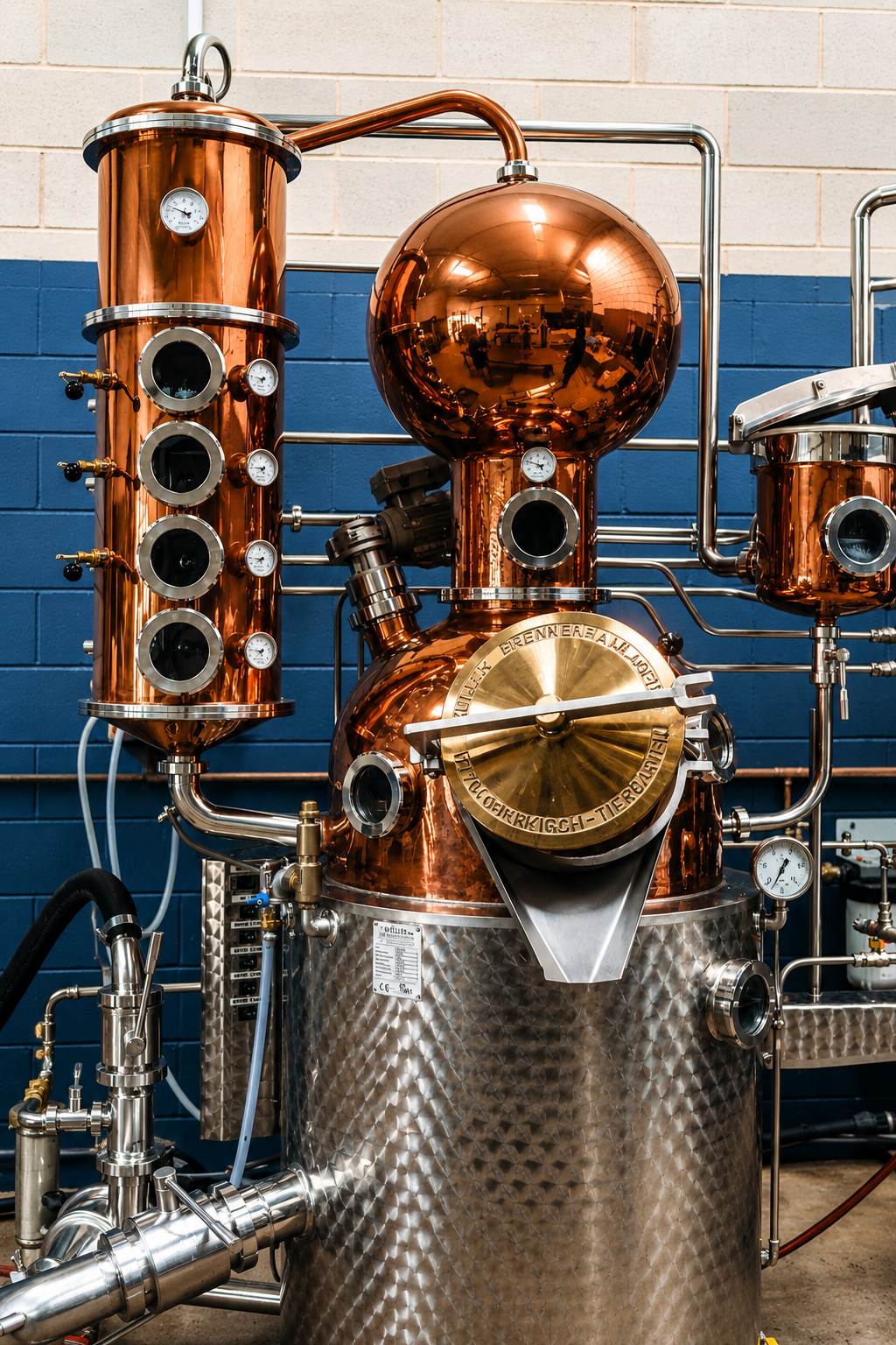 Copper pot still connected to a plated rectifying column in a modern distillery