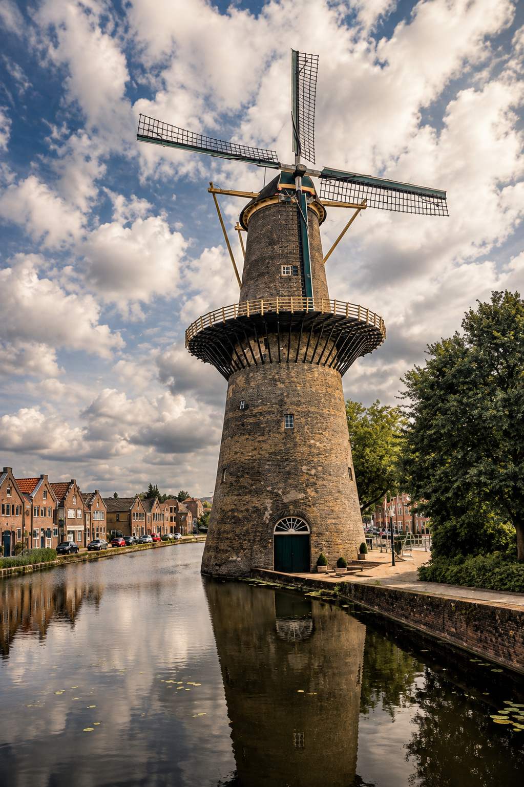 Traditional Dutch windmill beside a canal in the Netherlands