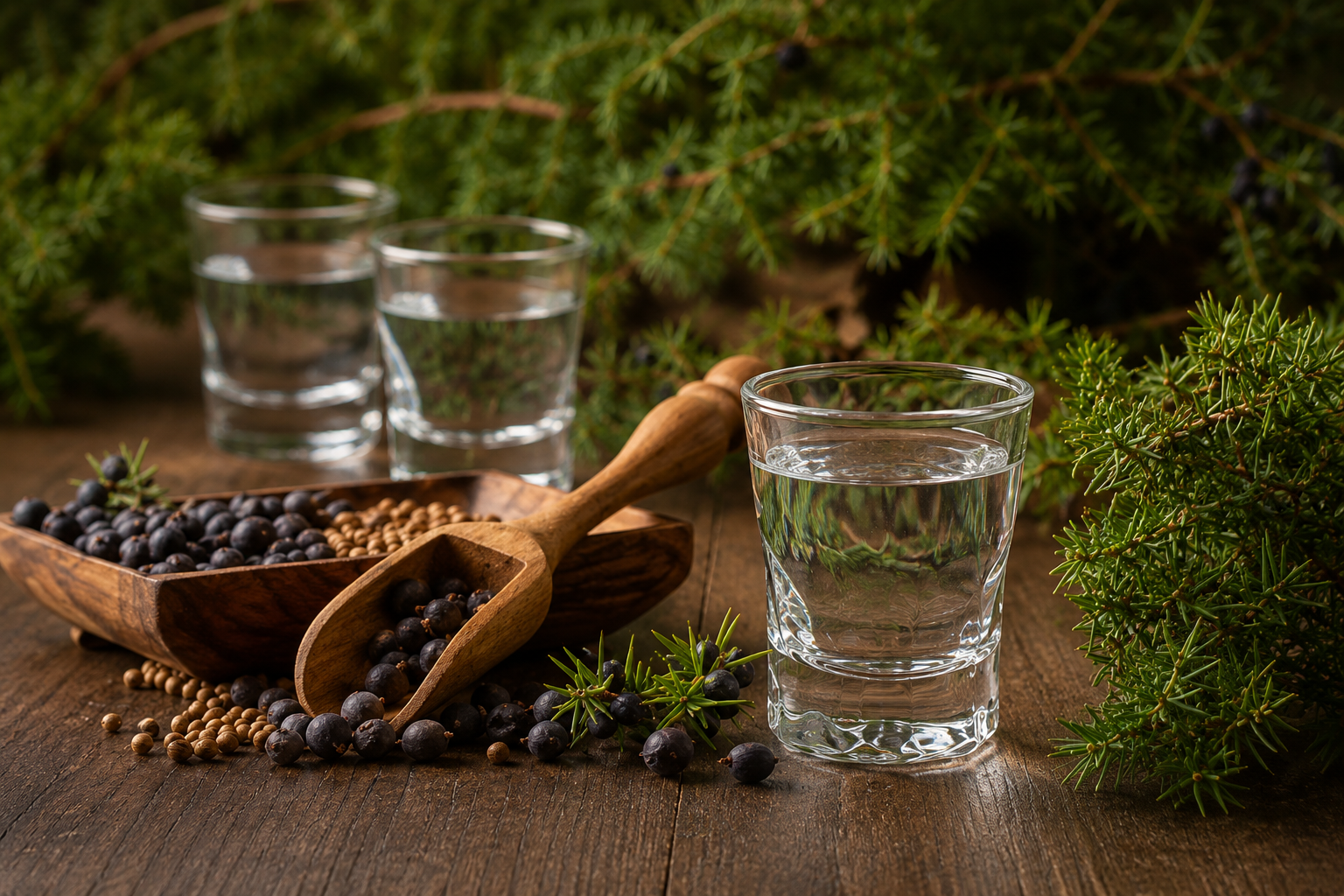 Clear Genever served beside juniper berries and a juniper plant