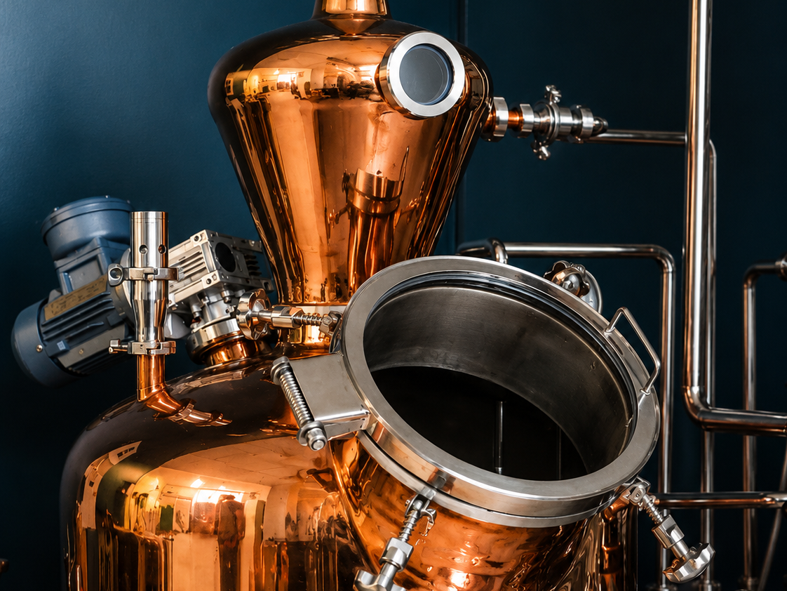 Open copper gin still used for botanical distillation