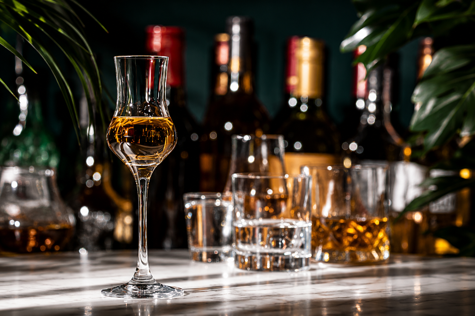 Whiskey tasting glass on a bar with bottles in the background
