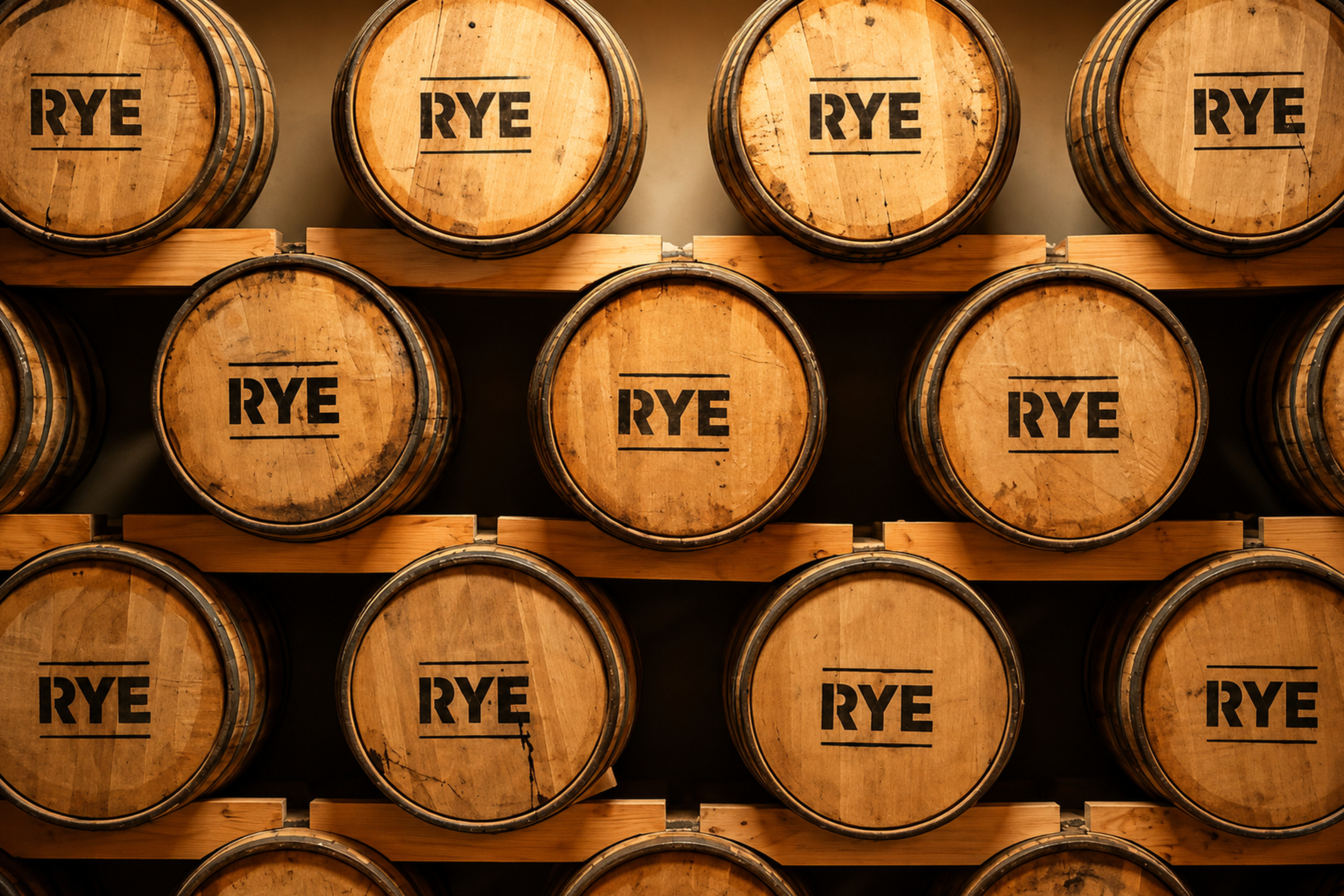 Rows of whiskey barrels maturing in a multilevel rackhouse