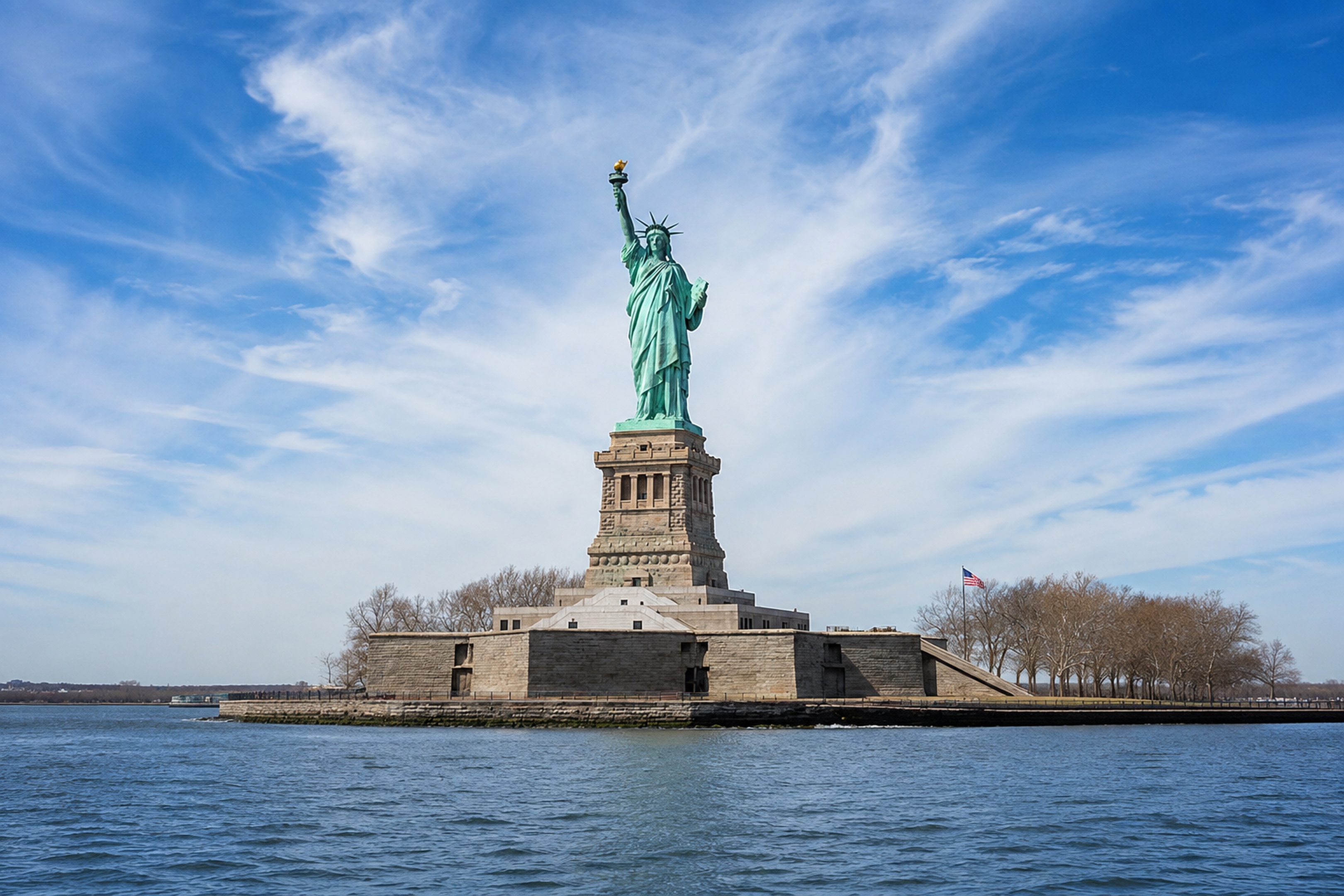 Statue of Liberty viewed across the harbor under a blue sky