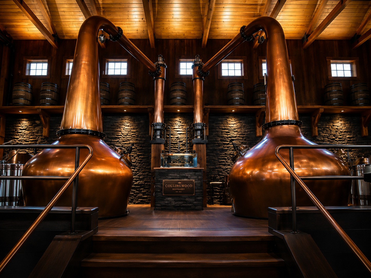 Copper stills inside Collingwood Distillery