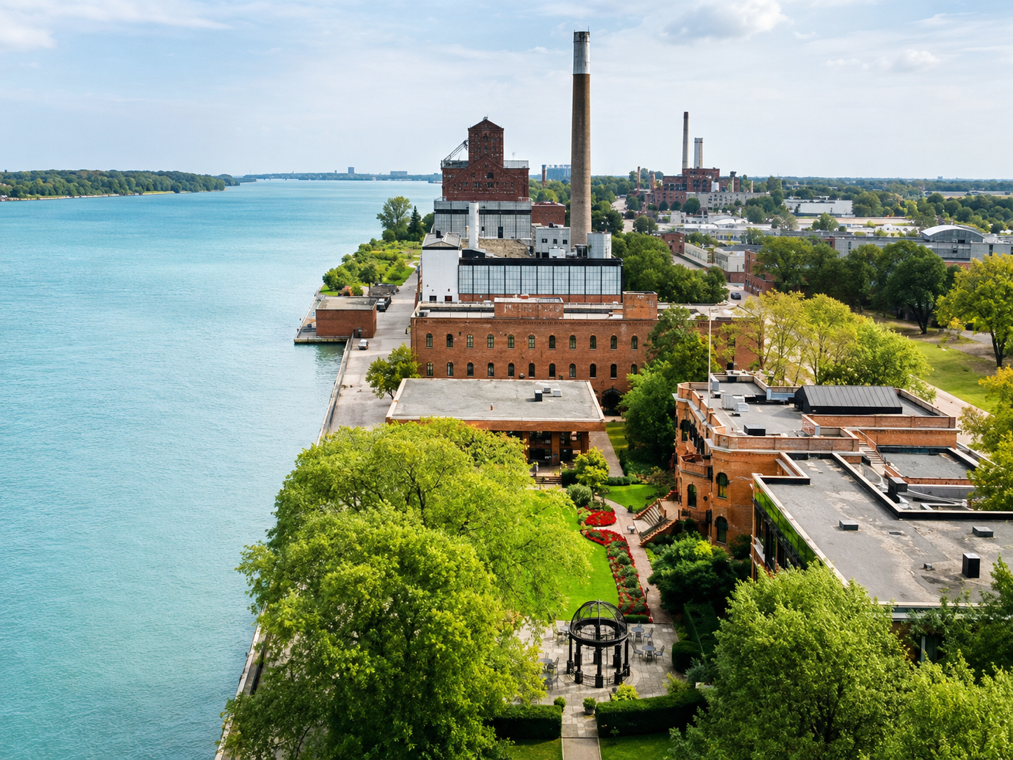 Historic Canadian distillery buildings on the waterfront