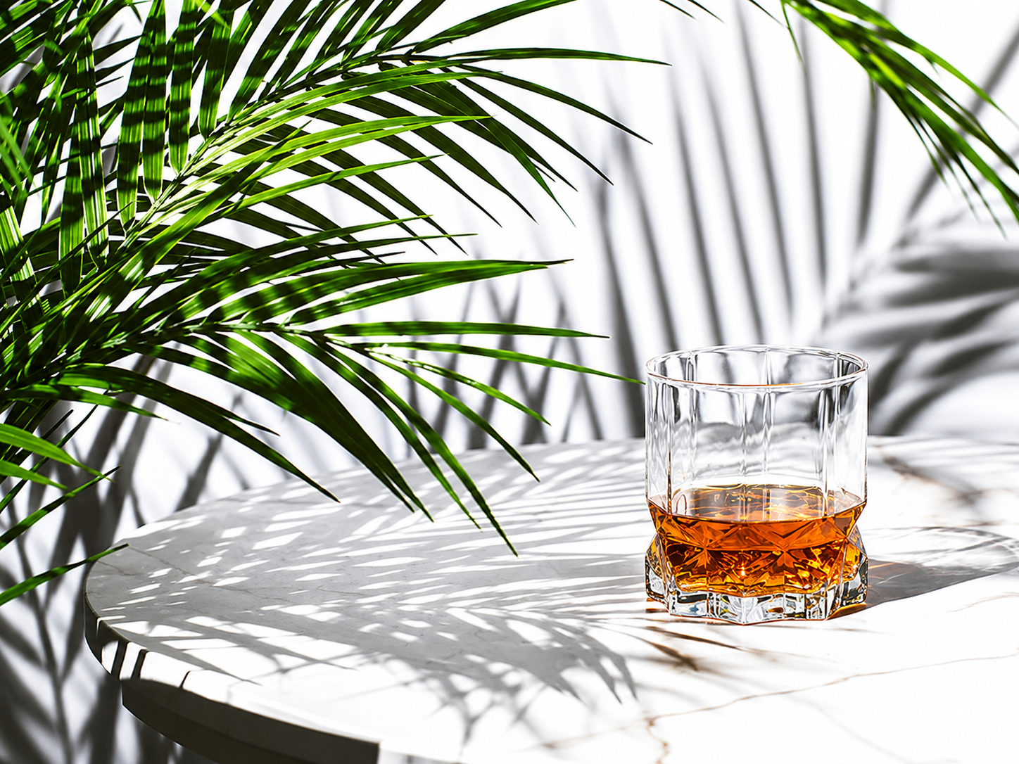 Glass of Canadian whisky on a marble table with palm shadows