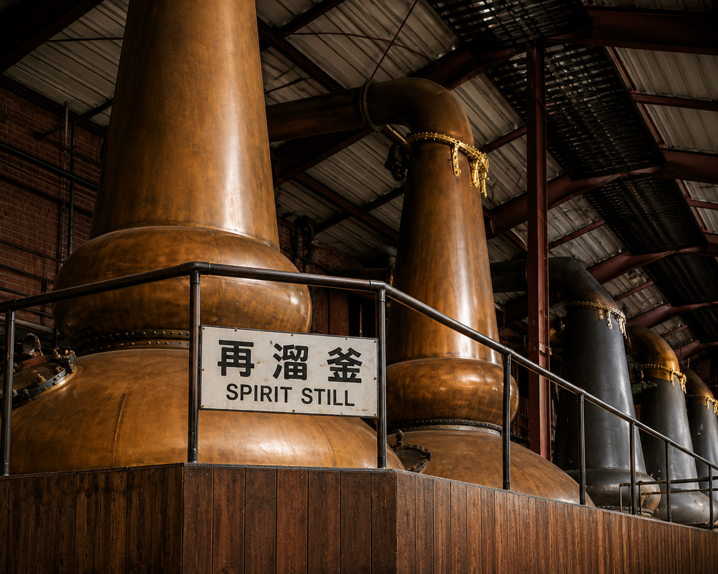 Copper spirit stills with a bilingual spirit-still sign