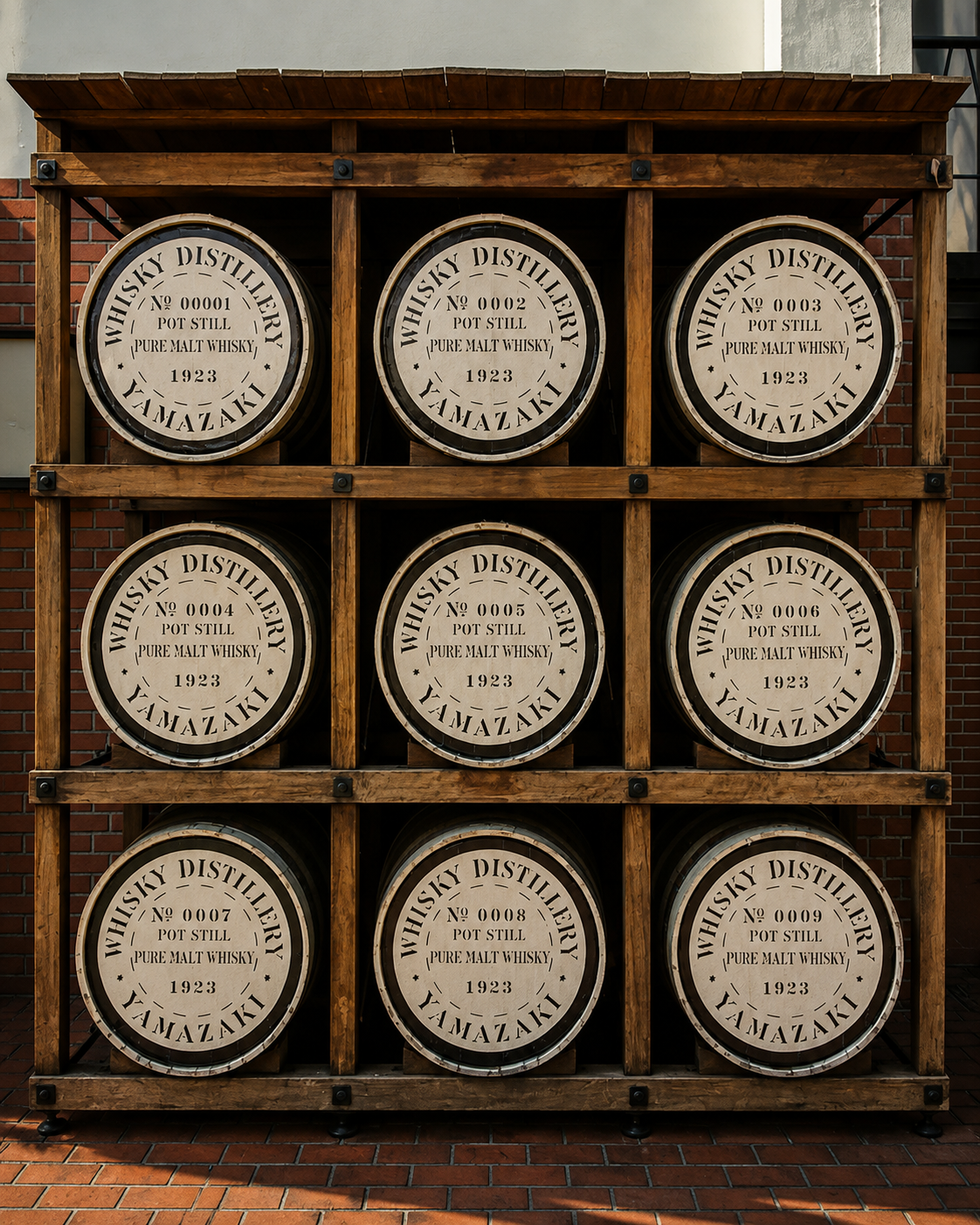 Historic Yamazaki display casks arranged in a wooden rack