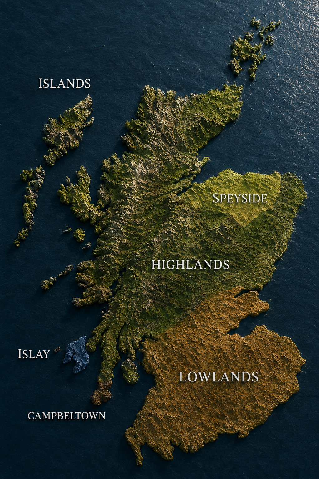 Scotch Whisky map showing the five recognised regions with islands shown for geographic orientation