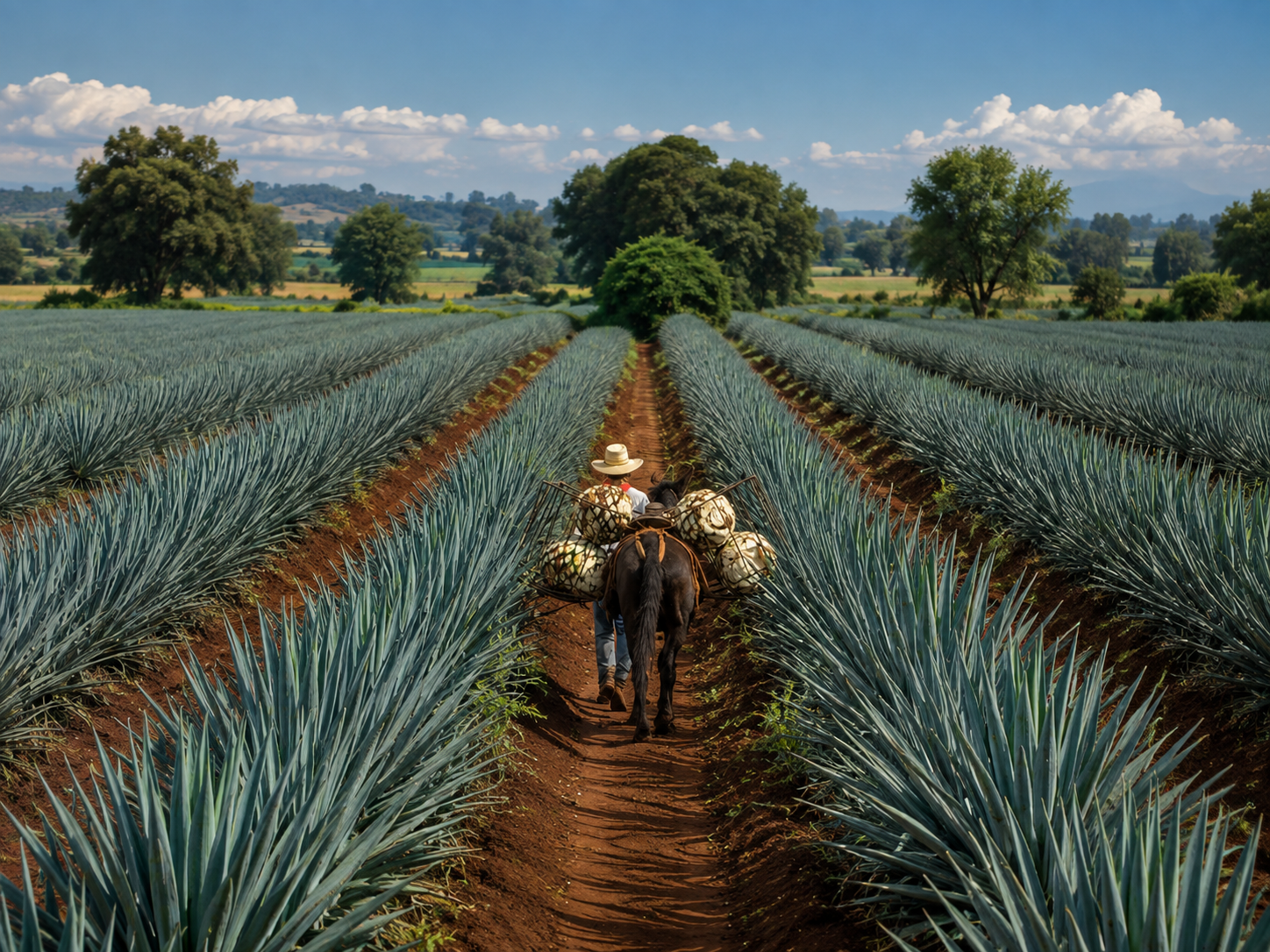 Jimador leading a pack animal carrying harvested agave piñas through blue agave fields