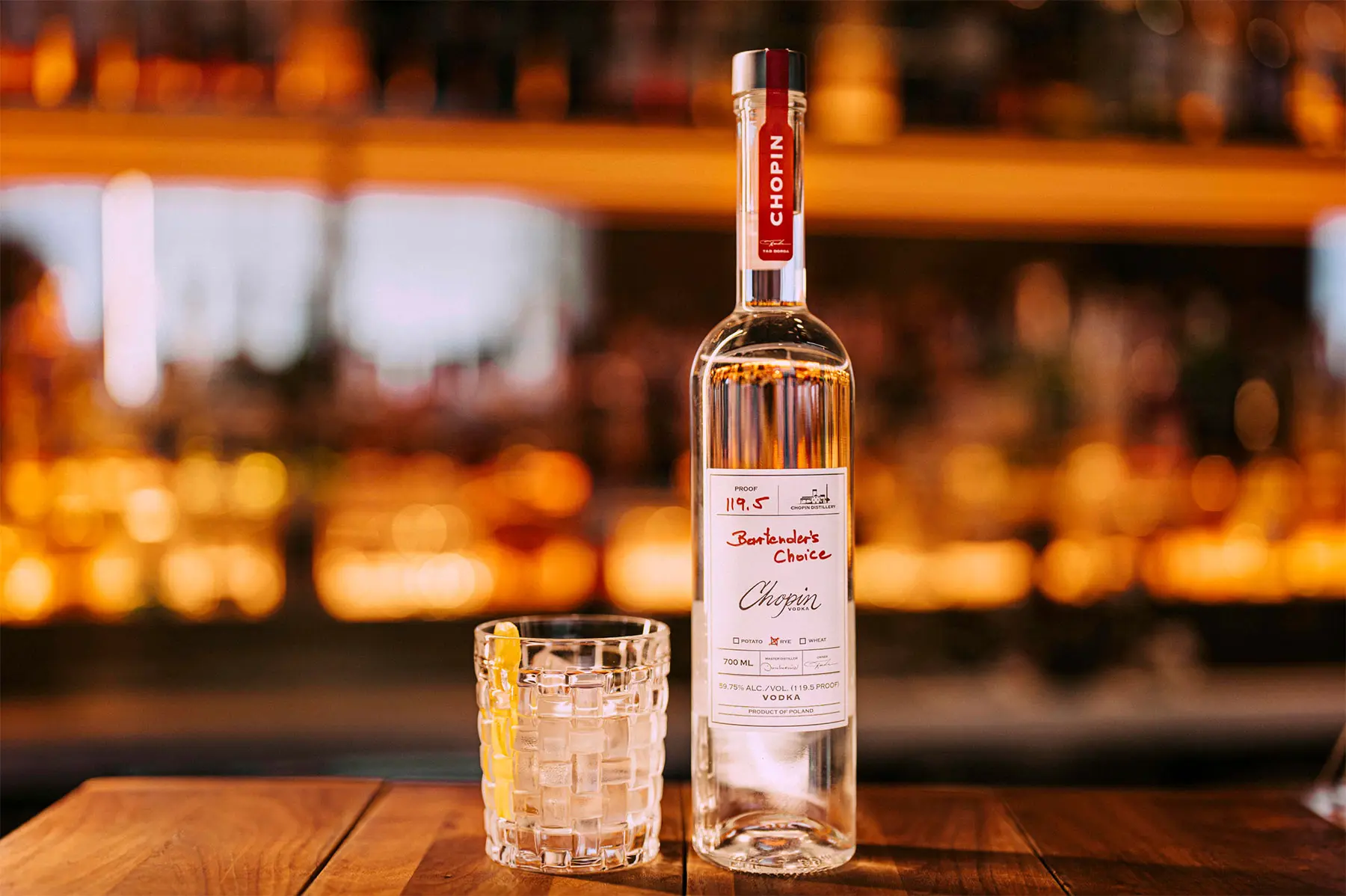 Chopin potato vodka bottle on a bar