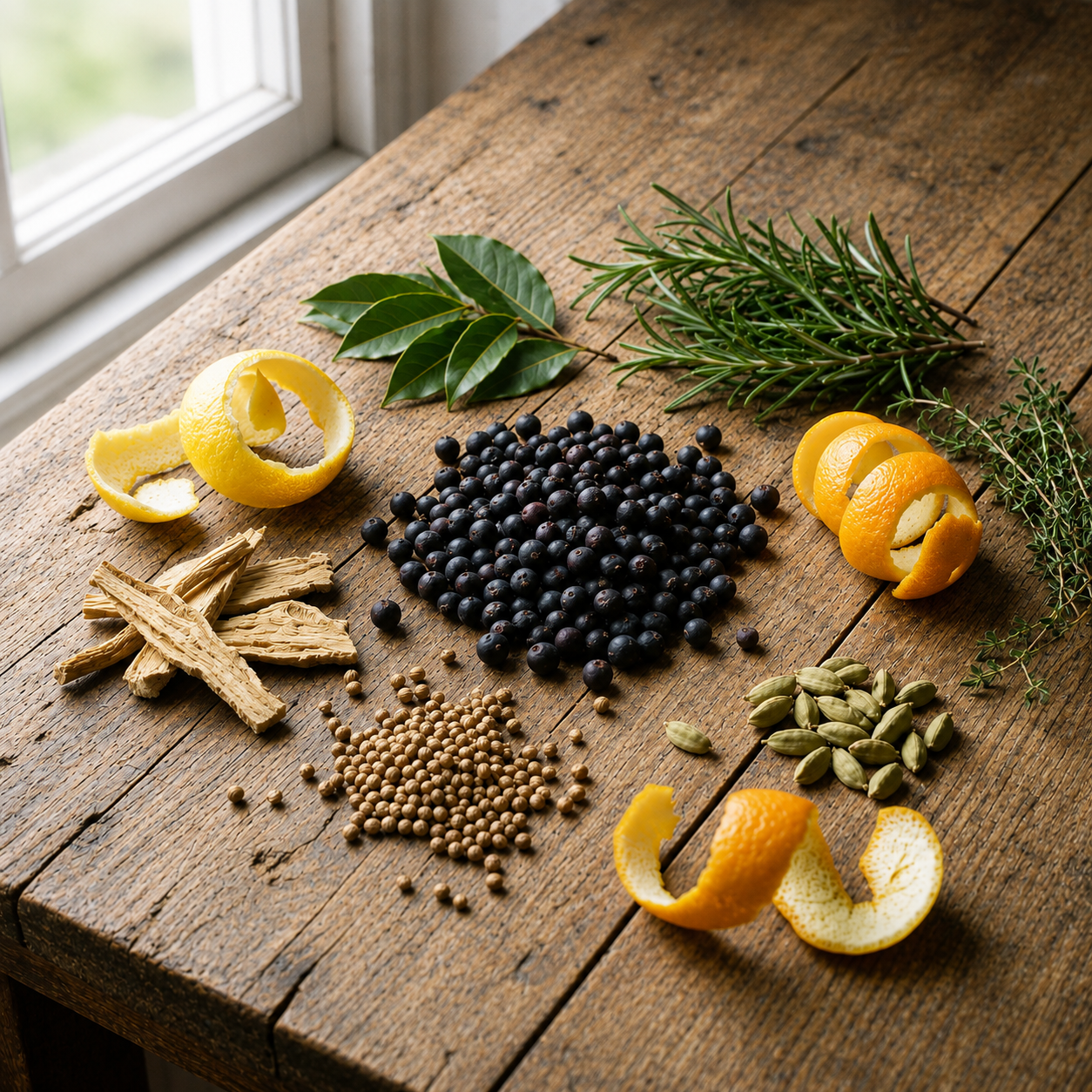 Juniper, coriander, citrus peel, roots and herbs arranged as gin botanical references
