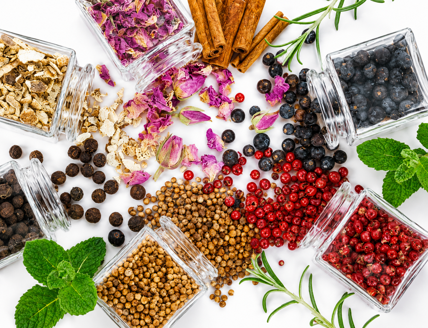 Assorted gin botanicals including spices, dried flowers, herbs and berries arranged around glass jars